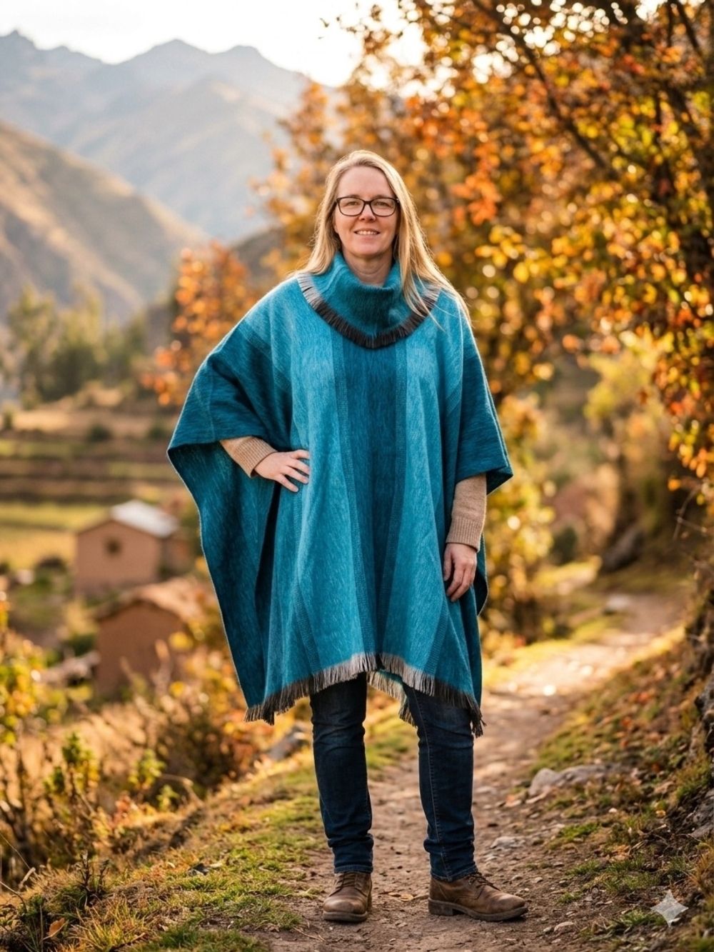 Artesanias MKA Alpaca Pullover Poncho Blue Teal Ecuador OS
